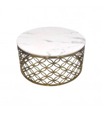 Coffee Table White Faux Marble Top Metal Manipulated Detail Design Round Shape Titanium Gold Stainless Troy